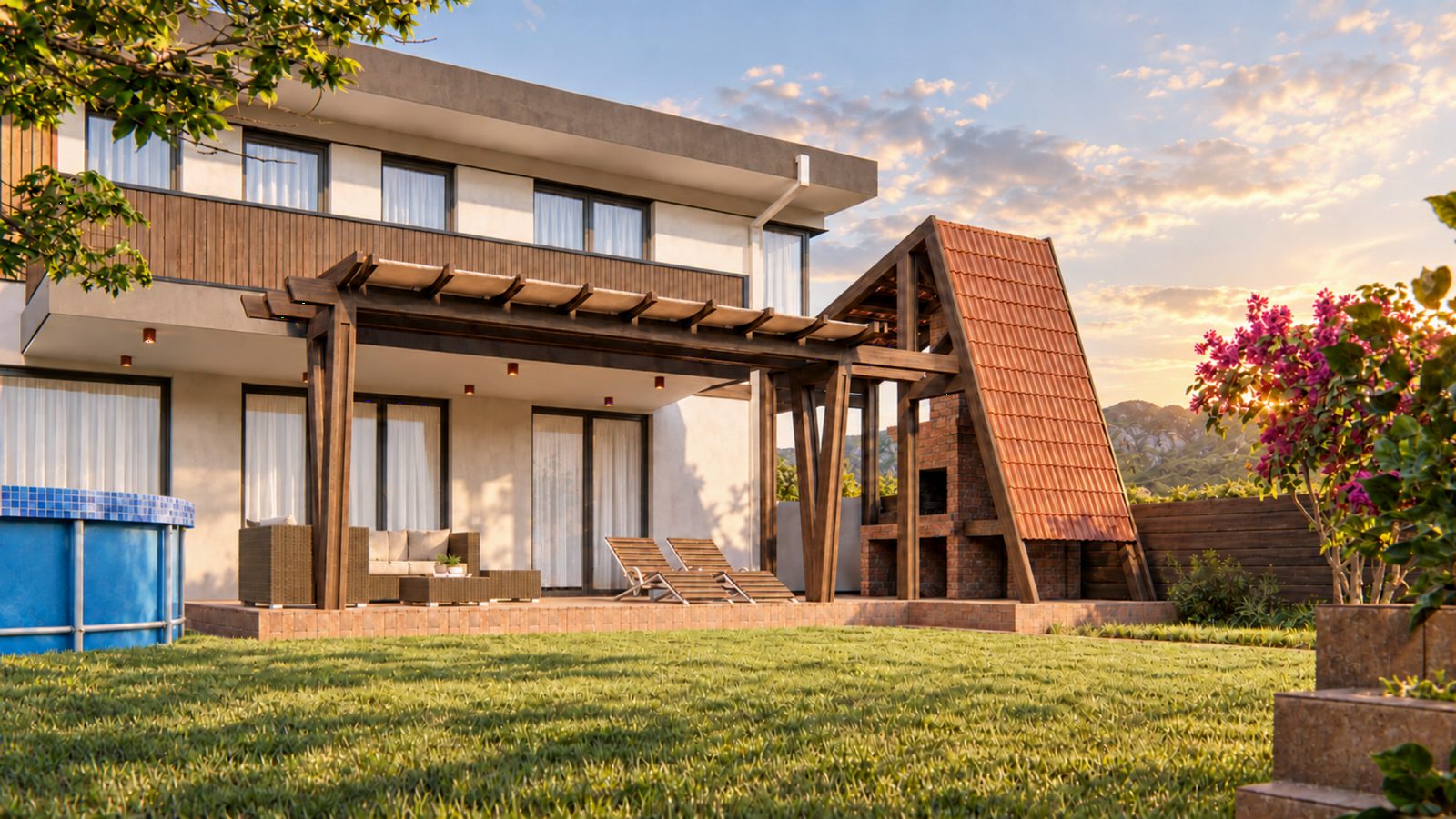 House facade with the timber pergola, lawn and pool