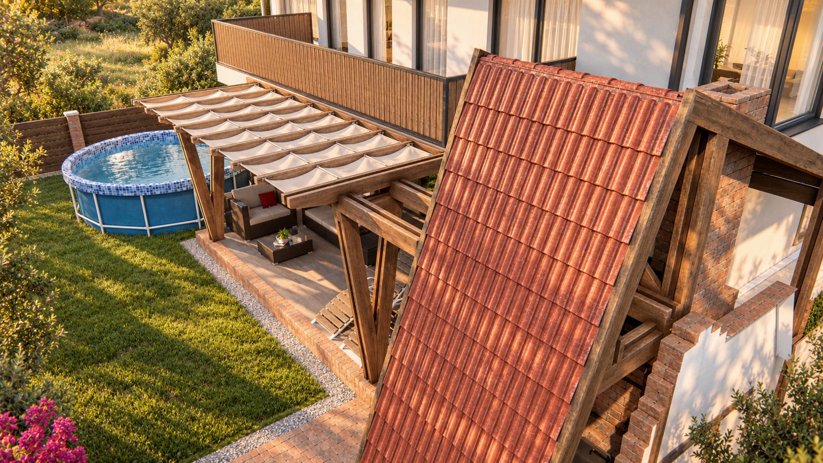 Aerial view of the canopy, brick-and-tile wall and pool