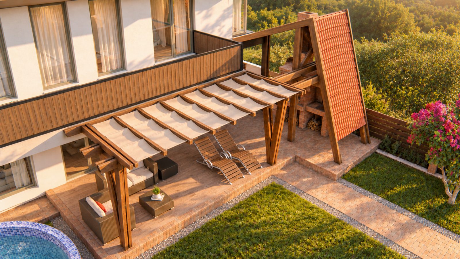 Retractable fabric canopy above the terrace