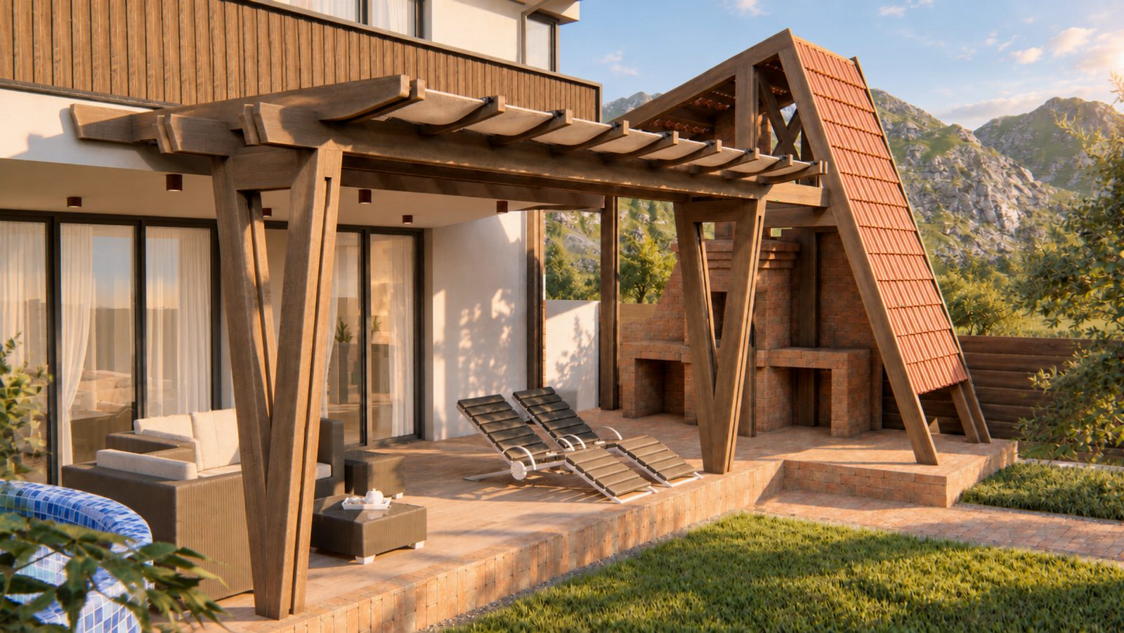 Seating and sun loungers under the timber frame