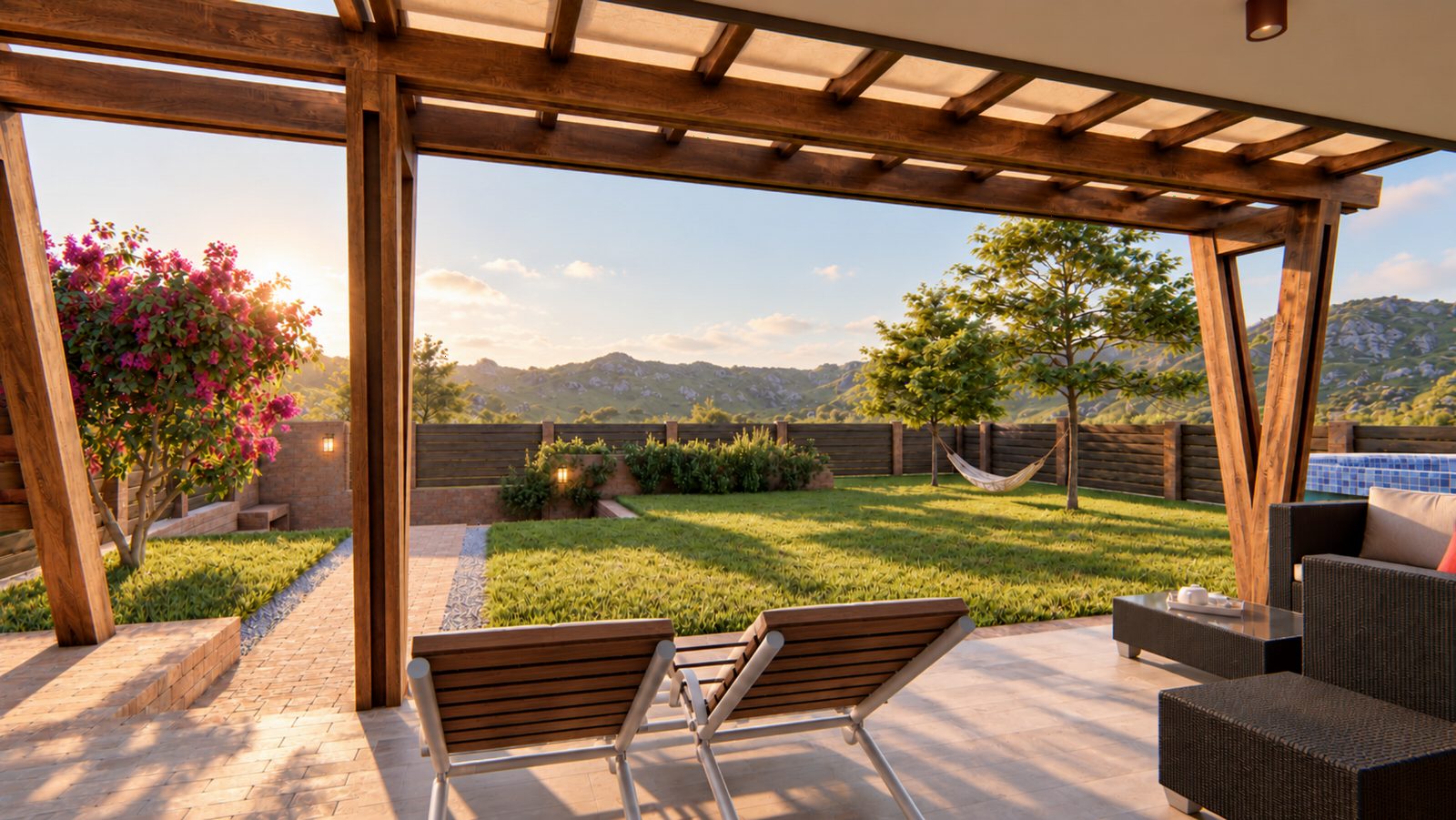 View from under the pergola towards the garden