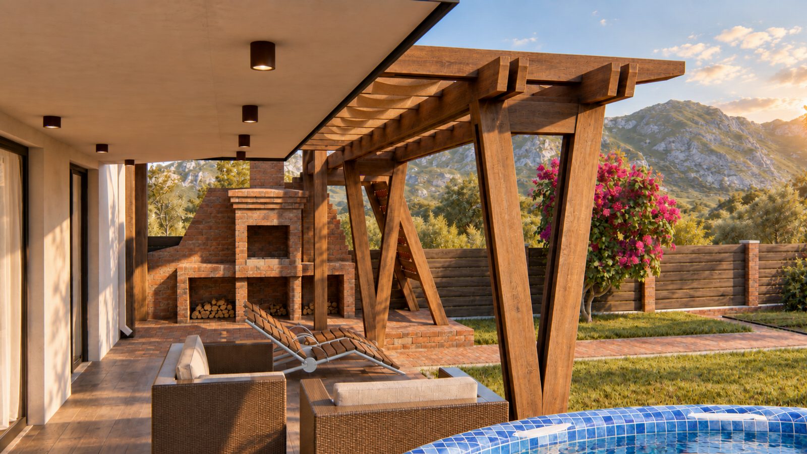 Covered terrace with the house on one side and the garden beyond