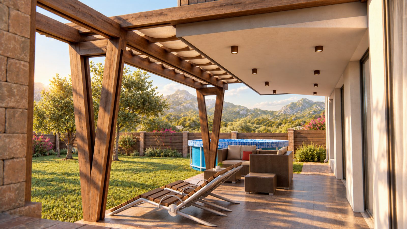 Terrace looking out to the lawn and pool