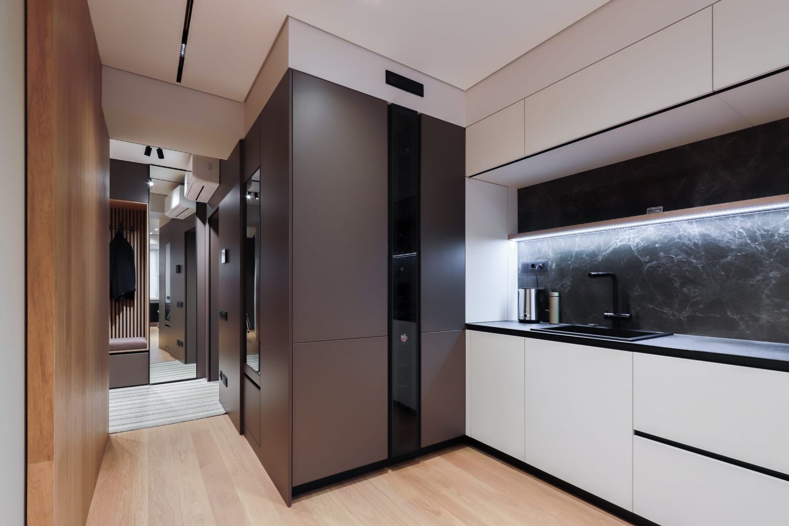 Kitchen with a view down the hallway