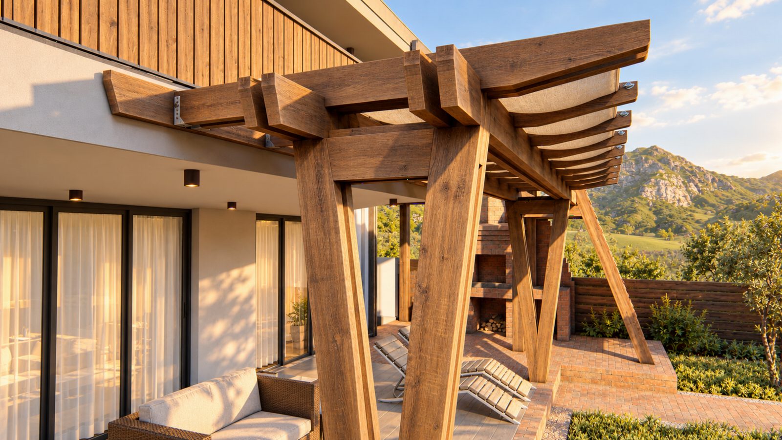 Timber joint where the posts meet the roof beams