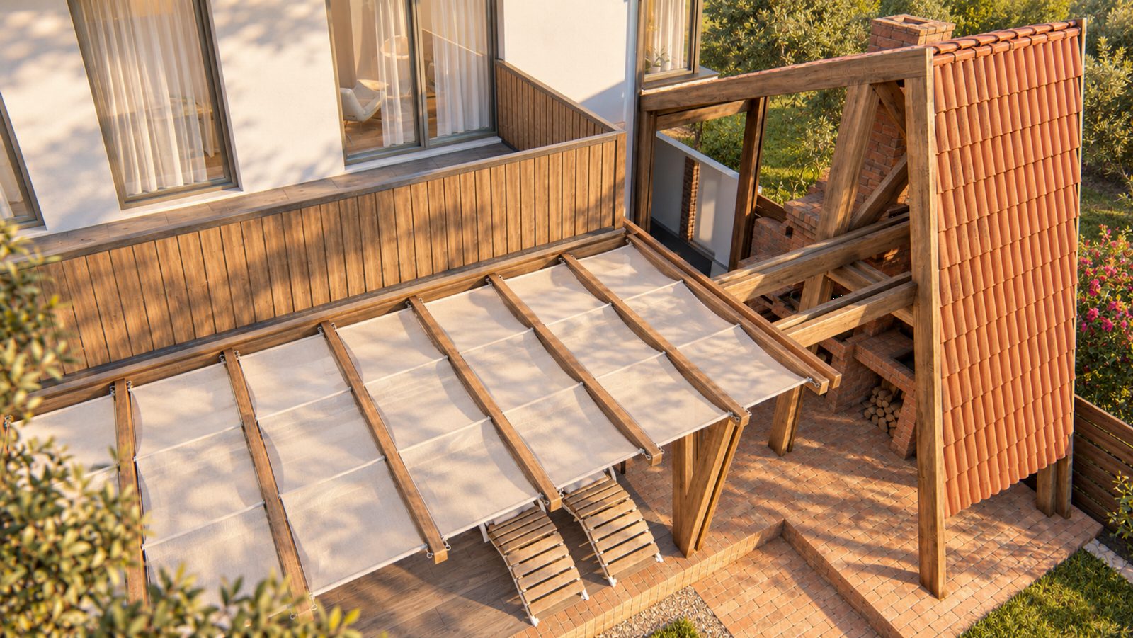 Fabric canopy panels on their rails